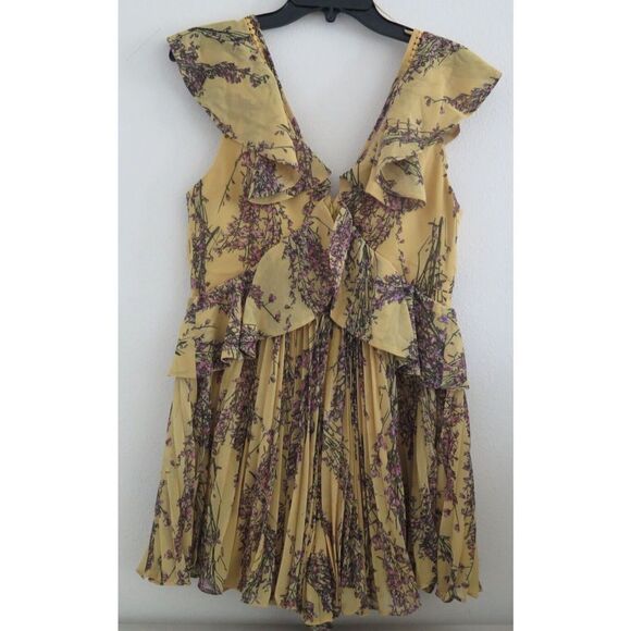Keepsake Label Women's Sz M Mustard Yellow Floral Light Up Pleated Ruffle Romper - Picture 2 of 9